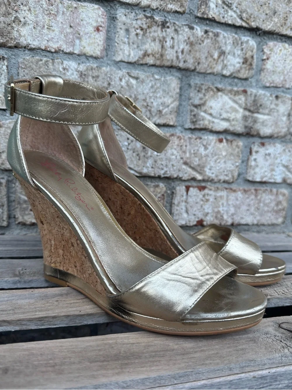 Lilly Pulitzer Metallic Gold Cork Wedge Sandals with Ankle Strap